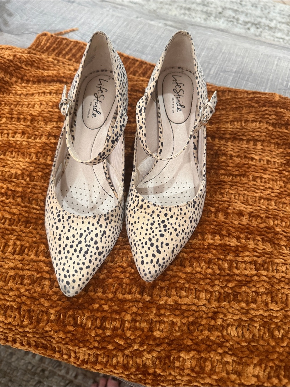 Life Stride Beige and Black Spotted Pointed-Toe Mary Jane Kitten Heels